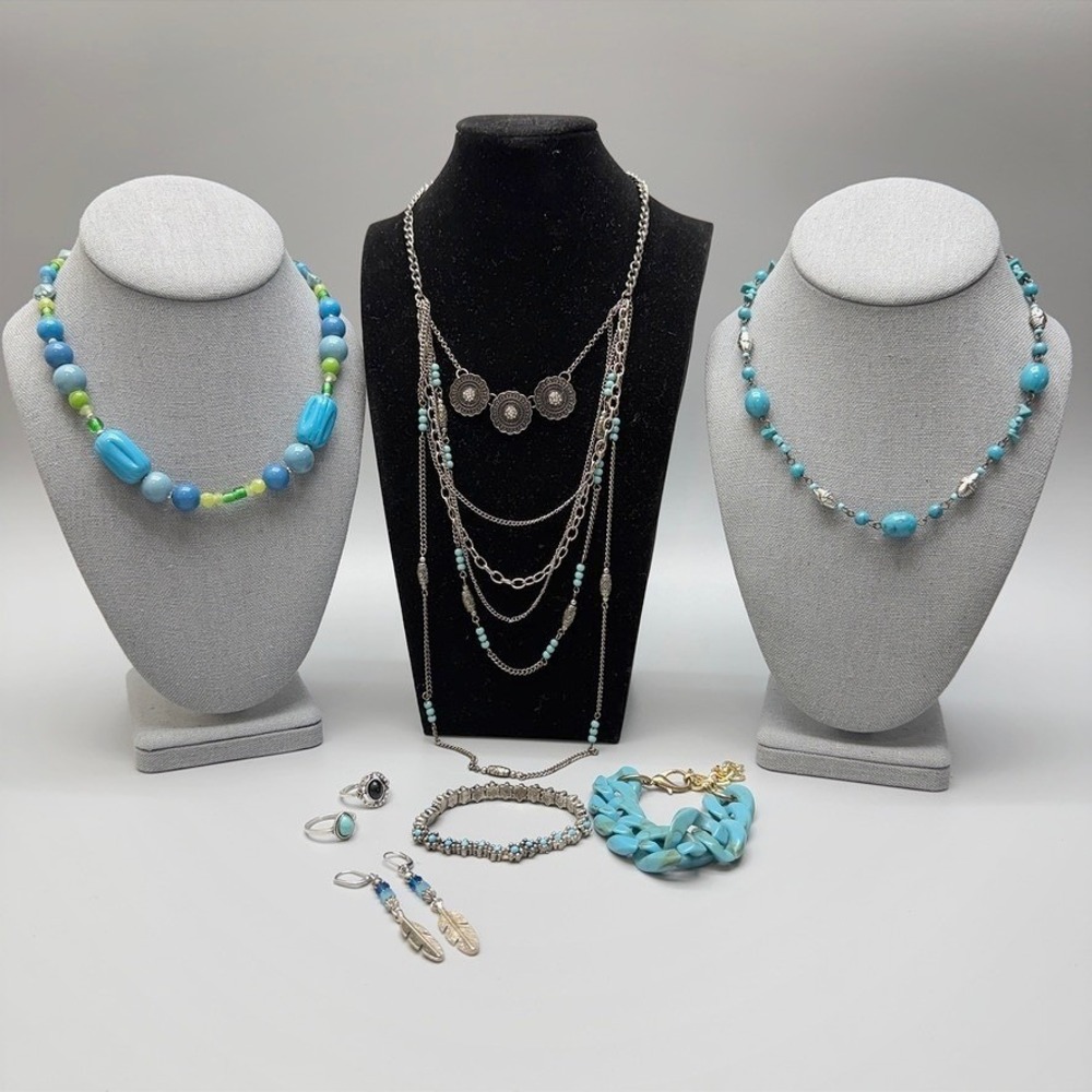 Jewelry Lot Silver Tone Blue Bead Necklaces Rings Earring Bracelet Southwestern